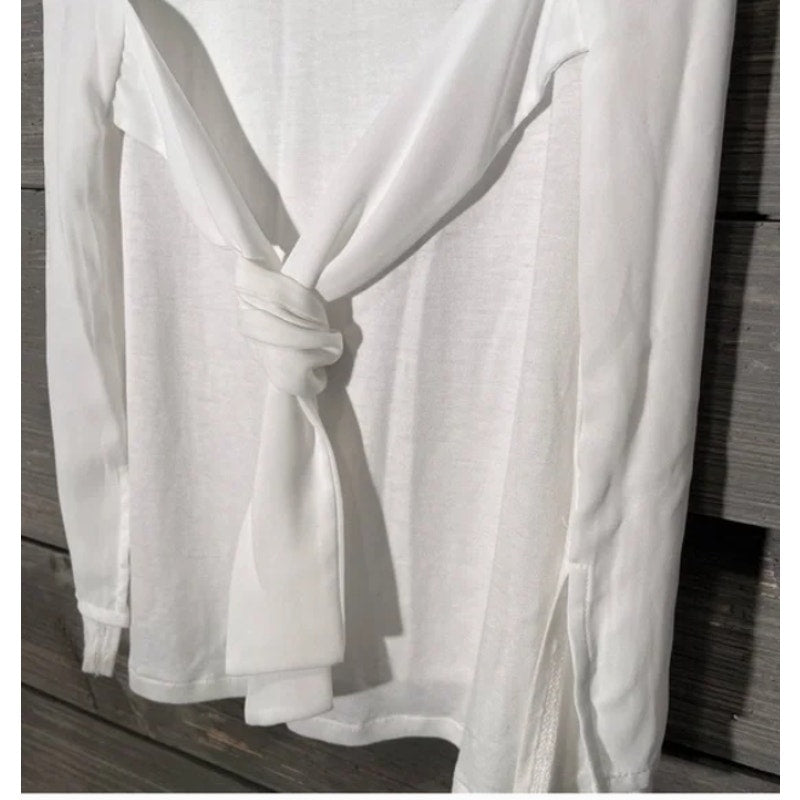 H by Halston White Top crepe layered front tie back detail Medium career casual
