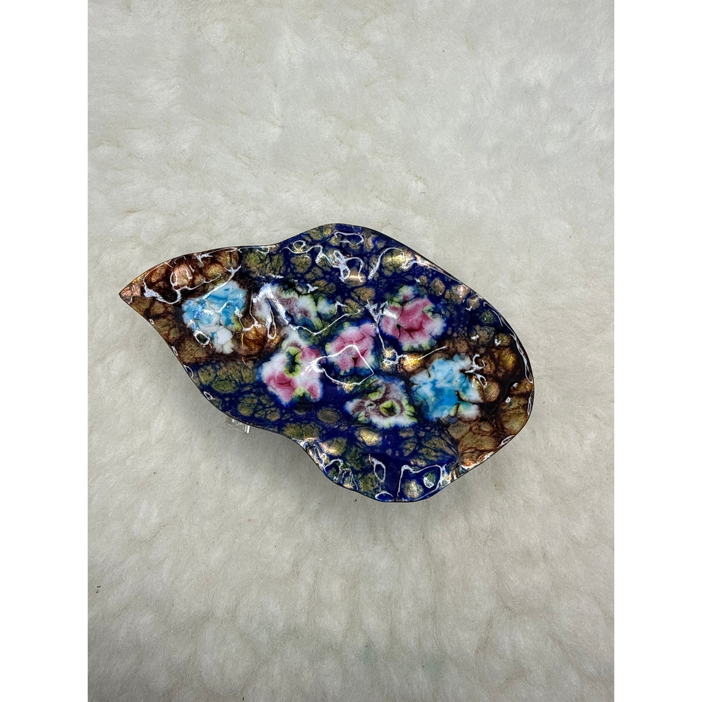 Vintage French Cobalt Blue Enamel Floral Trinket Dish Gold Leaf Accents