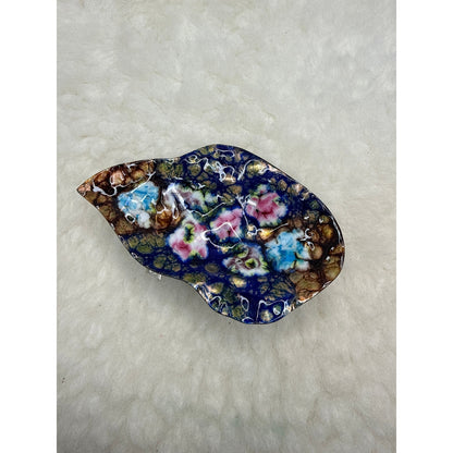 Vintage French Cobalt Blue Enamel Floral Trinket Dish Gold Leaf Accents