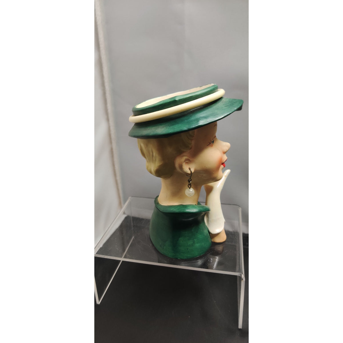 Vintage 1950s Damaged Napco Blonde Lady Head Vase Planter Green Hat Kitsch