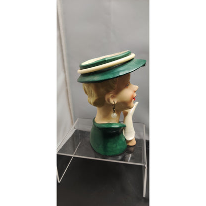 Vintage 1950s Damaged Napco Blonde Lady Head Vase Planter Green Hat Kitsch