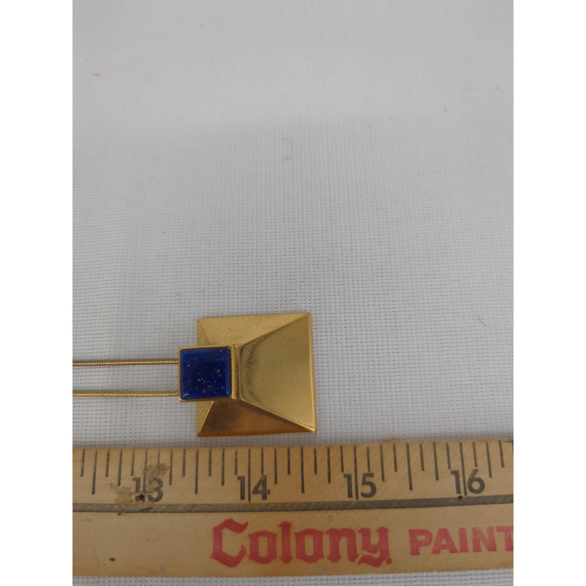 Vintage Gold Geometric Pyramid Art Deco Pendant Serpentine Necklace Blue Stone