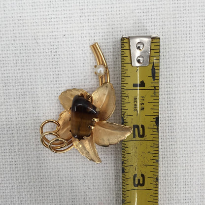 Vintage Flower Pin Brooch Gold Tone Brown Tiger Eye Nugget Stone Costume Jewelry