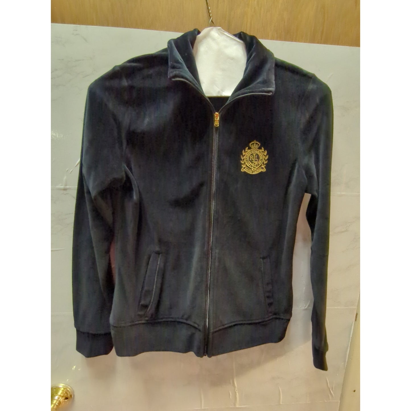 Lauren Ralph Lauren Active Black Crushed Velvet Gold Crest Track Jacket Small