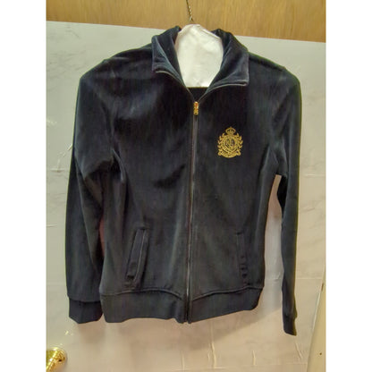 Lauren Ralph Lauren Active Black Crushed Velvet Gold Crest Track Jacket Small