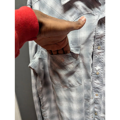 Wrangler Vintage Plaid Pearl Snap Western Shirt Gray White Cowboy Country Mens