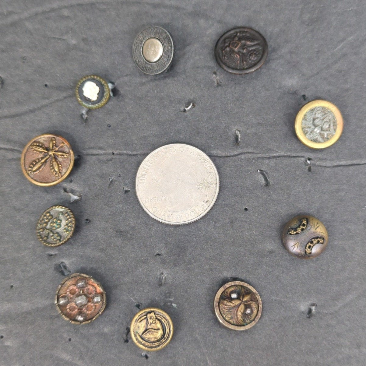 LOT E of 10 Antique Vintage Victorian Brass Mixed Materials Buttons ESTATE FIND