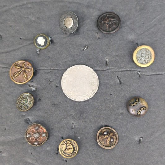 LOT E of 10 Antique Vintage Victorian Brass Mixed Materials Buttons ESTATE FIND