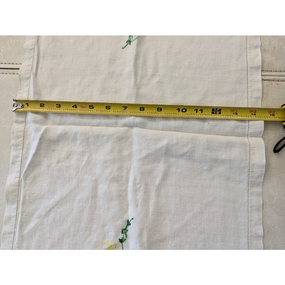Vintage Hand embroidered flowers white blue purple table runner linen textiles