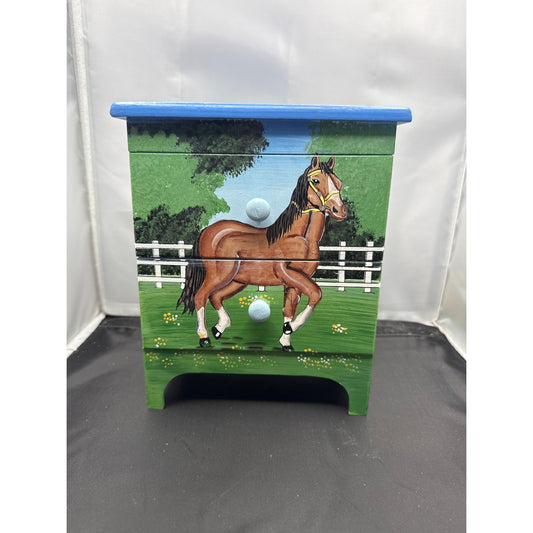 Vintage Hand-Painted Folk Art Horse 3-Drawer Miniature Chest Trinket Box