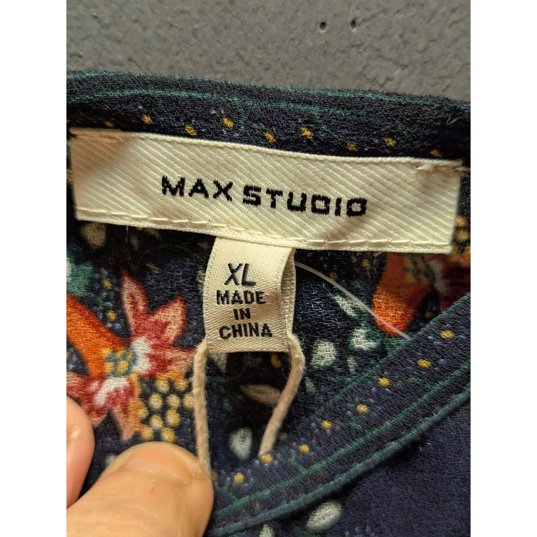 Max Studio Size XL womens sheer long sleeve blouse top shirt blue rust