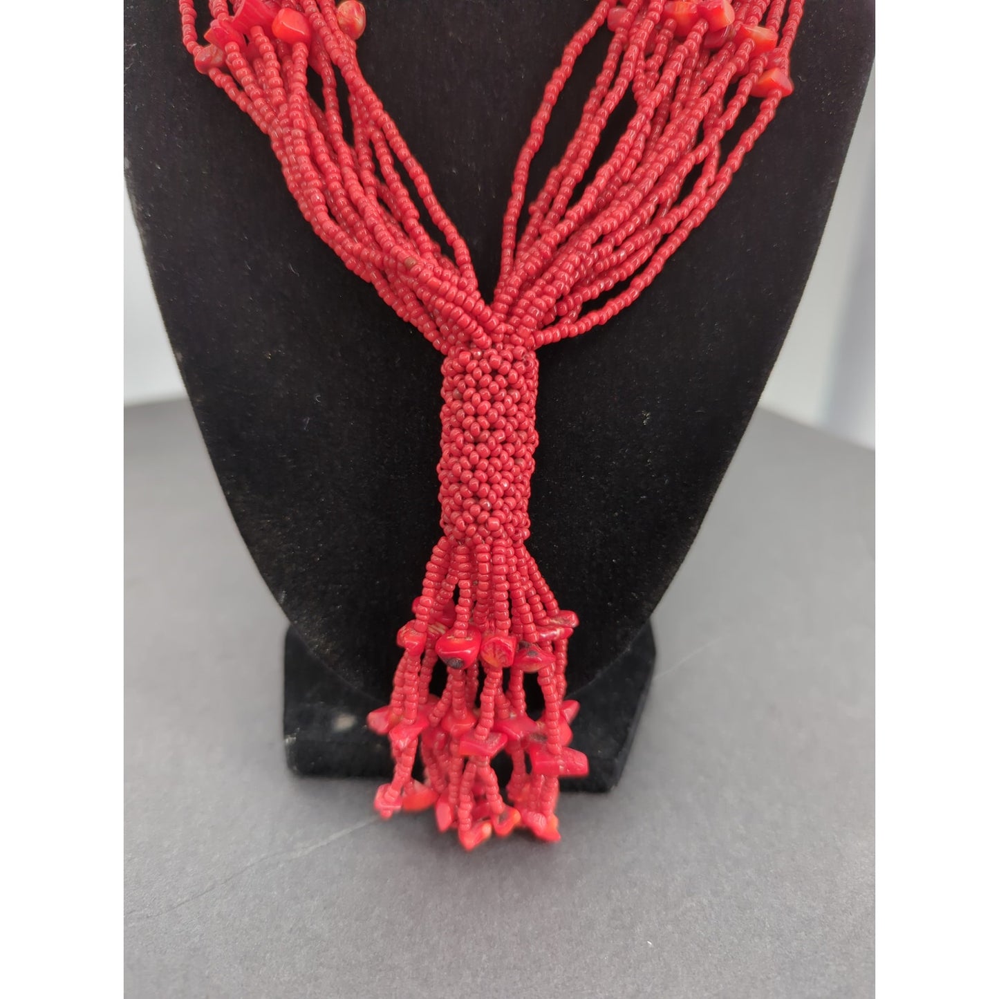 Vintage Red Seed Bead Tassel Necklace Multi Strand Waterfall Boho Statement 18"