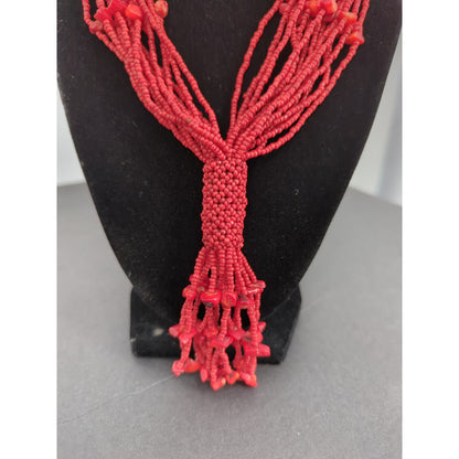 Vintage Red Seed Bead Tassel Necklace Multi Strand Waterfall Boho Statement 18"