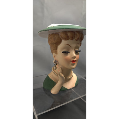 Vintage 1950s Redhead Lady Head Vase Planter Green Hat Collectible Kitsch