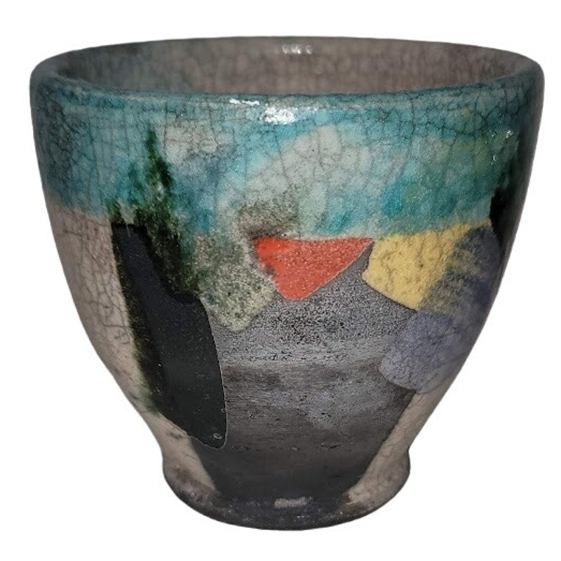 Handmade mini vase MCM cup 4" crazed underglaze Raku Studio Art Pottery Bowl