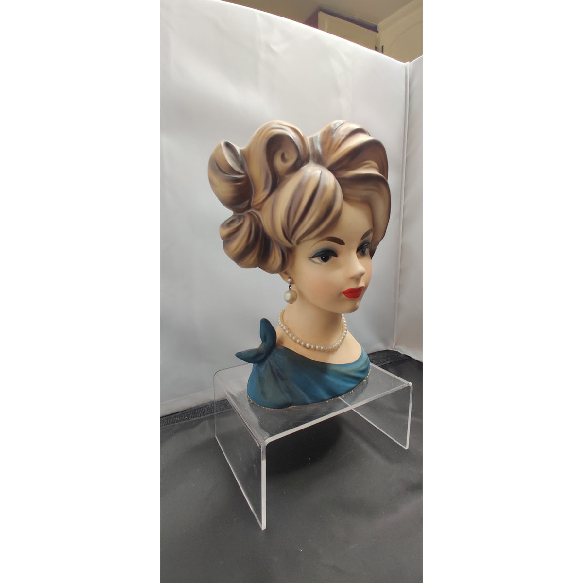 Vintage 1950s Blonde Lady Head Vase Planter Blue Dress Collectible MCM 7"