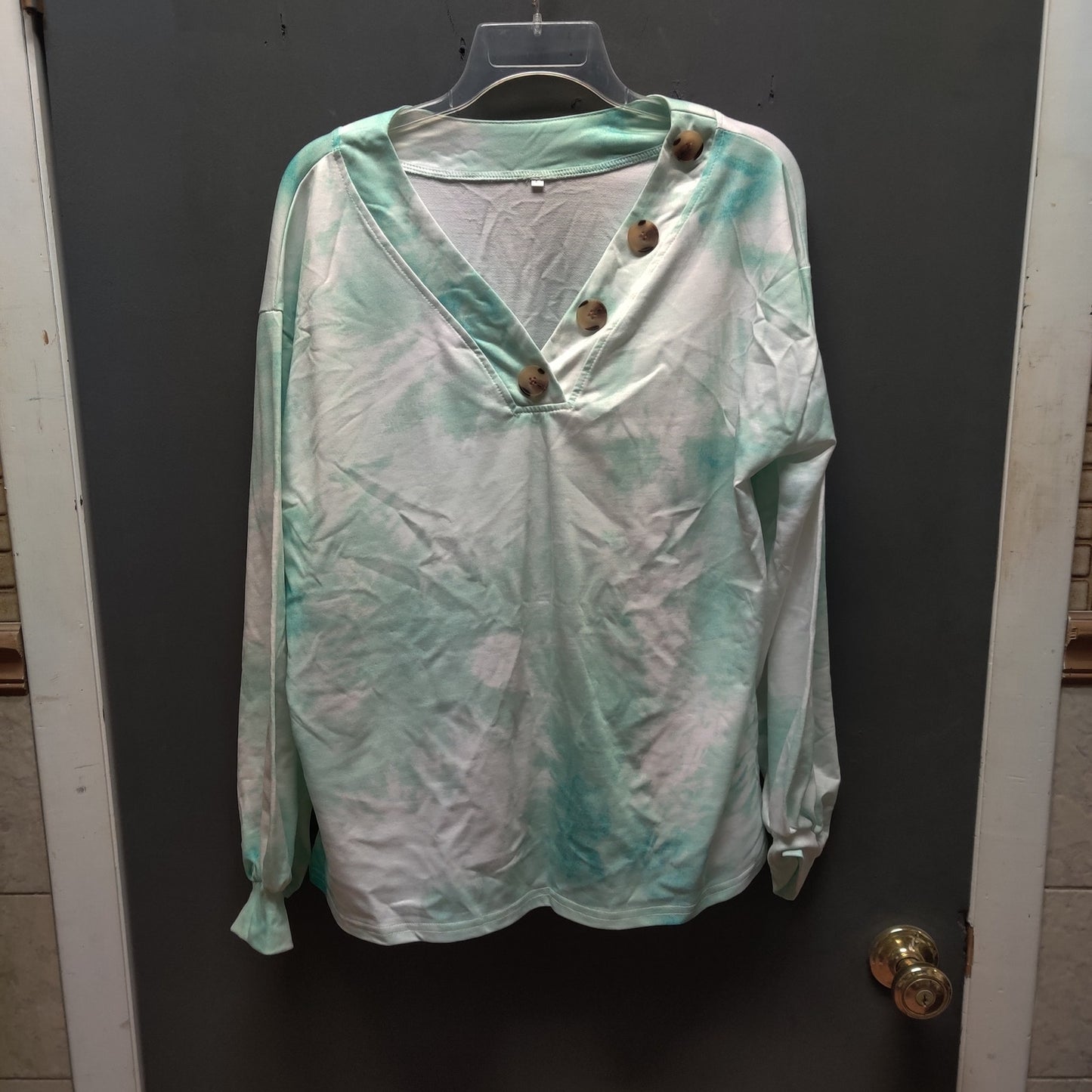Teal White Tie Dye Henley Top Large Long Sleeve Button Neck Casual Comfy Large