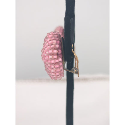 Vintage Pink Seed Bead Clip-On Button Earrings Mid-Century Glamour