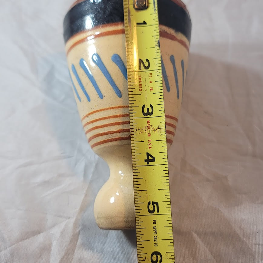 Vintage handmade vase tapered blue rust cream 6" tall