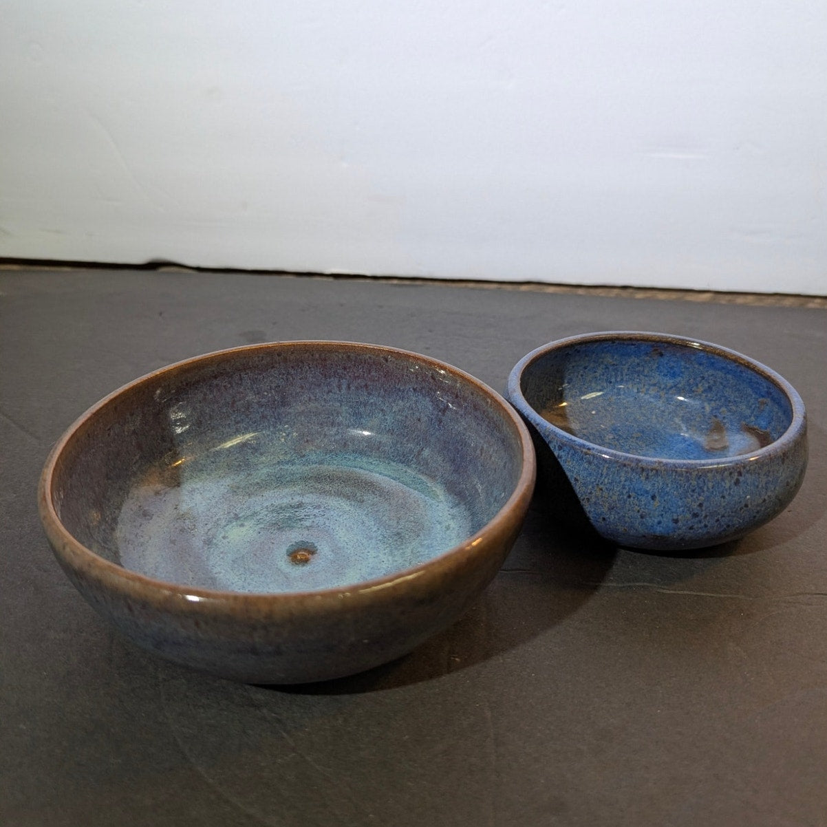 Studio Pottery Signed JAM Blue Speckled Glazed Bowls Set of 2