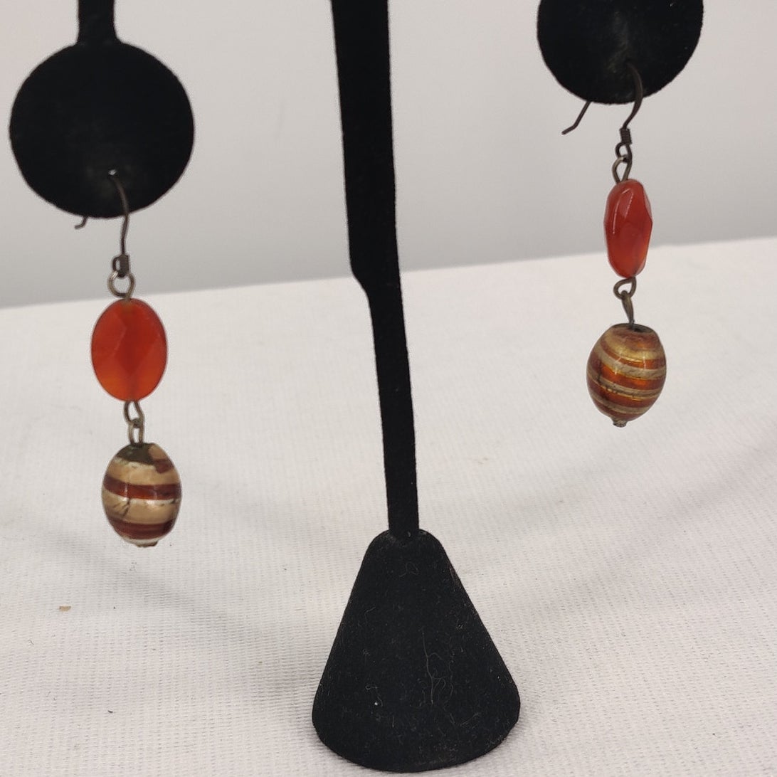 Vintage Carnelian And Striped Bead Dangle Earrings