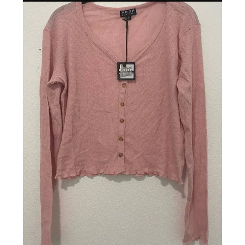 Poof Pink Ribbed Button Down SZ LARGE Womens lightweight NEW long sleeve buttons