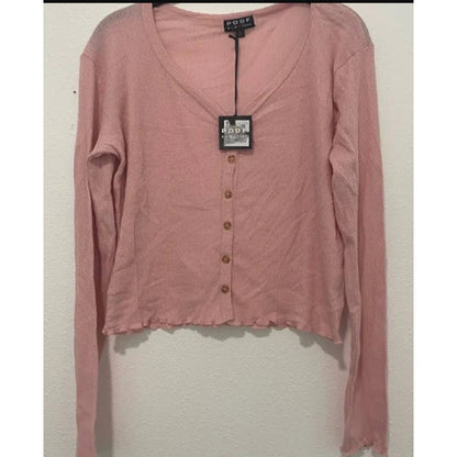 Poof Pink Ribbed Button Down SZ LARGE Womens lightweight NEW long sleeve buttons