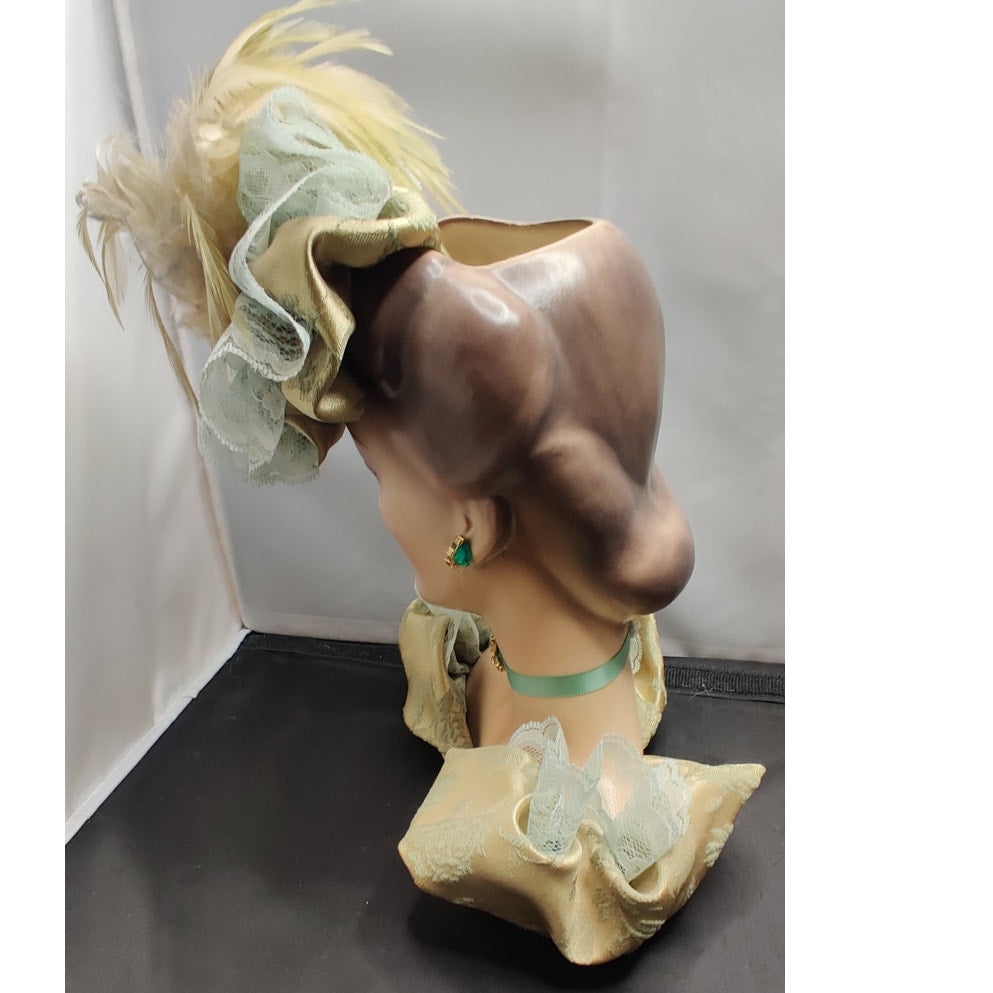 Vintage 10" Glamour Lady HeadVase Planter Fancy Hat Kitsch Ostrich FeathersRARE