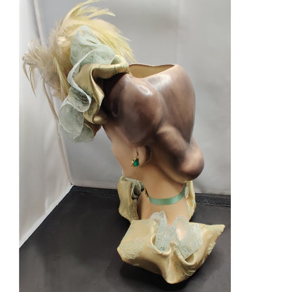 Vintage 10" Glamour Lady HeadVase Planter Fancy Hat Kitsch Ostrich FeathersRARE