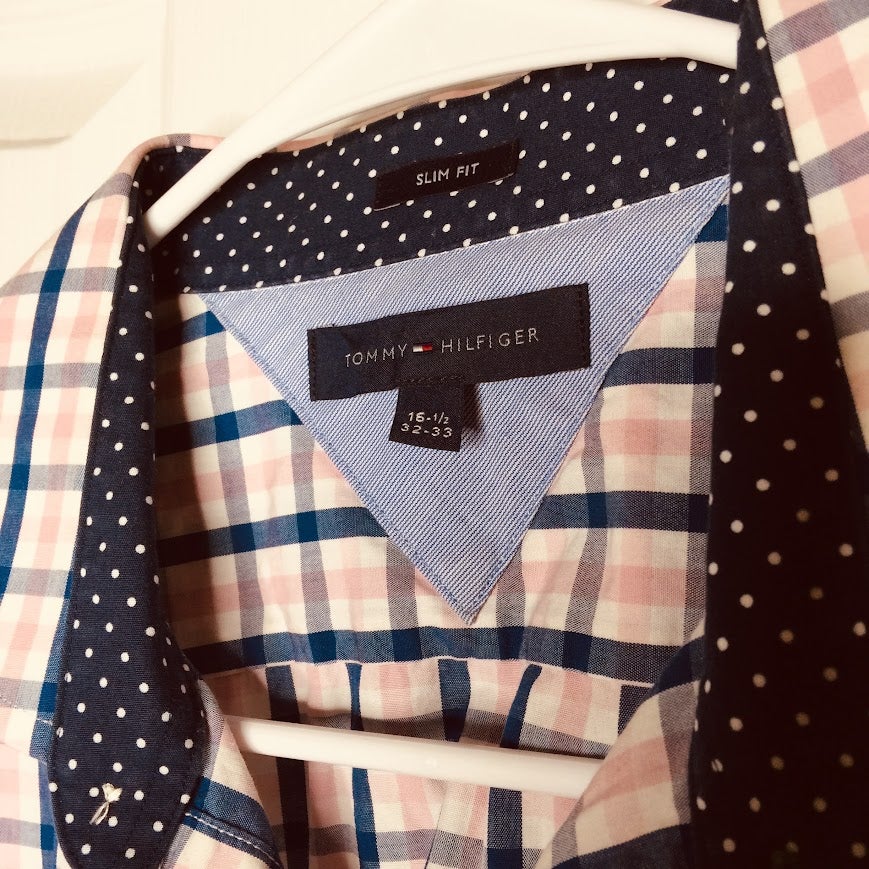 Tommy Hilfiger Button Down Shirt Long Sleeve Pink blue Check  16.5 32-33
