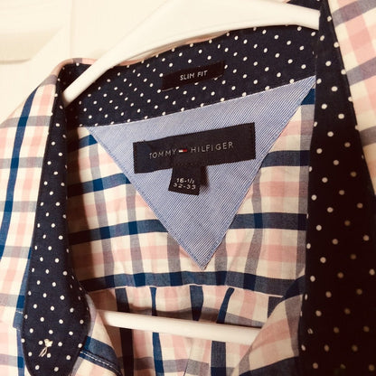 Tommy Hilfiger Button Down Shirt Long Sleeve Pink blue Check  16.5 32-33