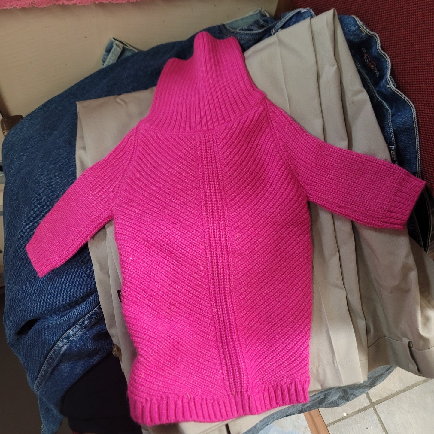 Lot of 2 dog outerwear winter coats, Pink Sweater, leg Warmers, and toy.
