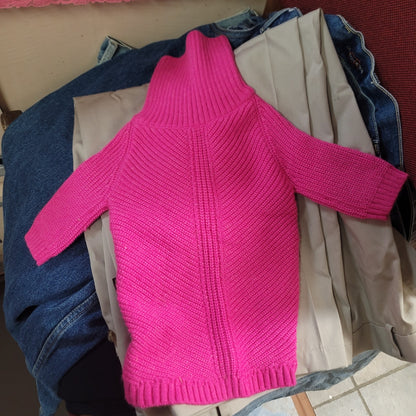 Lot of 2 dog outerwear winter coats, Pink Sweater, leg Warmers, and toy.