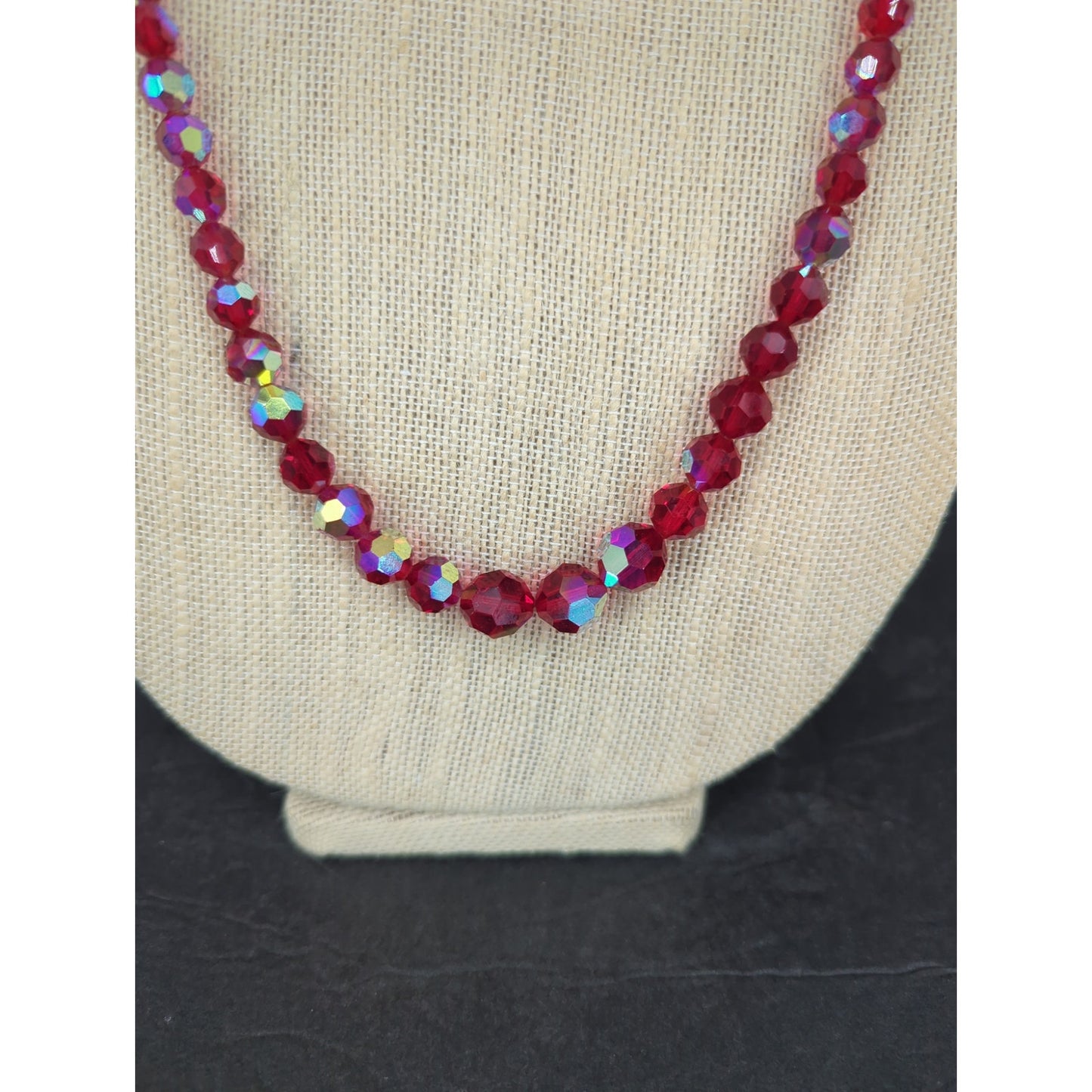 Vintage Red Aurora Borealis Crystal Beaded Strand Necklace Mid-Century Glam