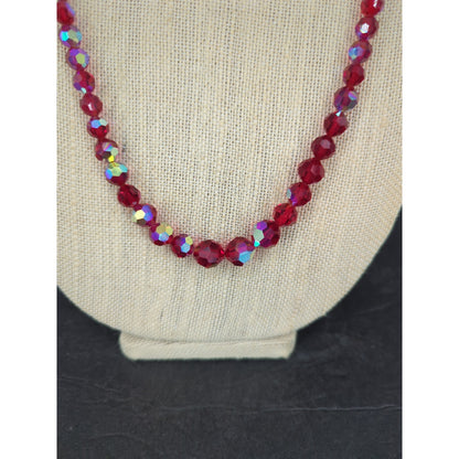 Vintage Red Aurora Borealis Crystal Beaded Strand Necklace Mid-Century Glam