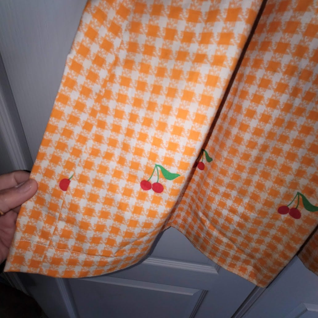 Vintage Checkered Gingham Skirt Orange Cherries Handmade XXS womens fIt flare