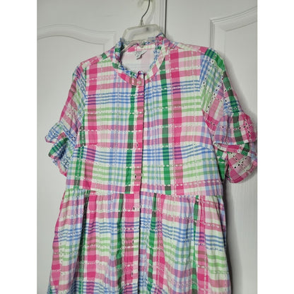 Crown & Ivy Plaid eyelet button up Dress Midi Size XL Pockets flutter sleeve