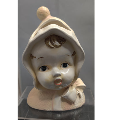 Vintage 1950s Snowbaby Head Vase Planter Bonnet Kitsch Collectible MCM