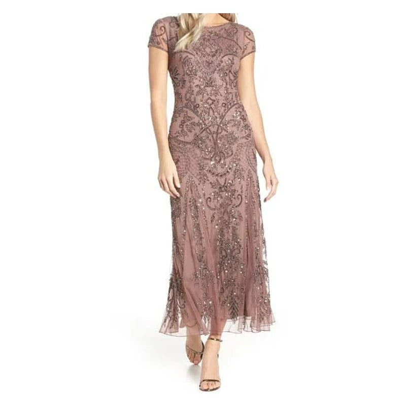 Pisarro Nights Art Deco Beaded Mesh Cocktail Dress Size 8 in Coffee Latte NWT