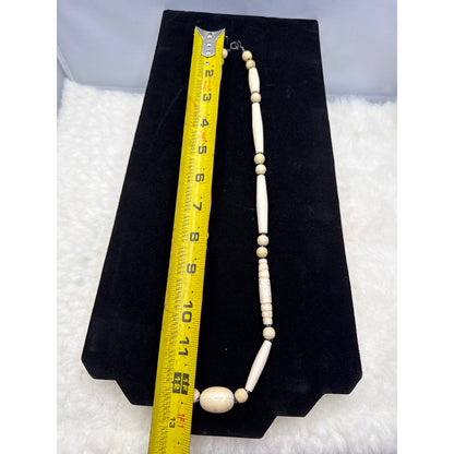 Vintage Carved Bovine Bone Elongated Bead Organic Boho Chic Necklace 24"