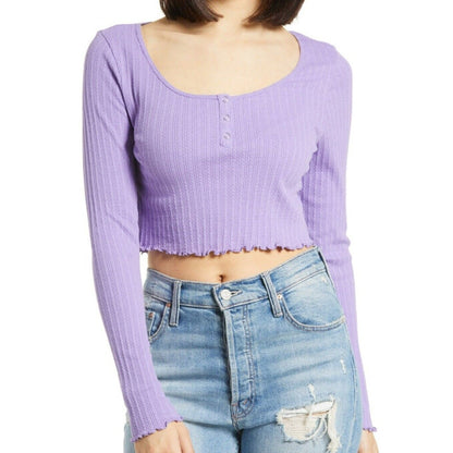 NWT BP Henley Lettuce-Edge Long Sleeve Crop Top Sz XL/Extra Large Purple Paisley