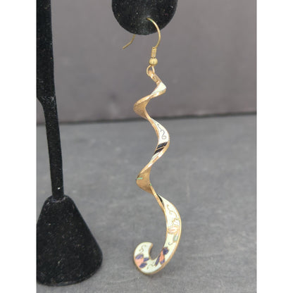 Vintage Gold Tone Spiral Cloisonne Dangle Earrings Swirl Pierced Y2K Boho