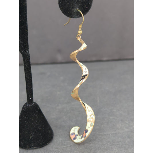 Vintage Gold Tone Spiral Cloisonne Dangle Earrings Swirl Pierced Y2K Boho
