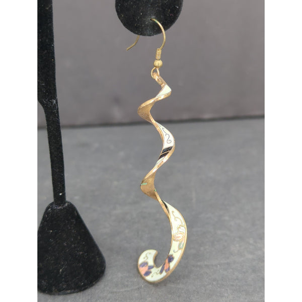 Vintage Gold Tone Spiral Cloisonne Dangle Earrings Swirl Pierced Y2K Boho