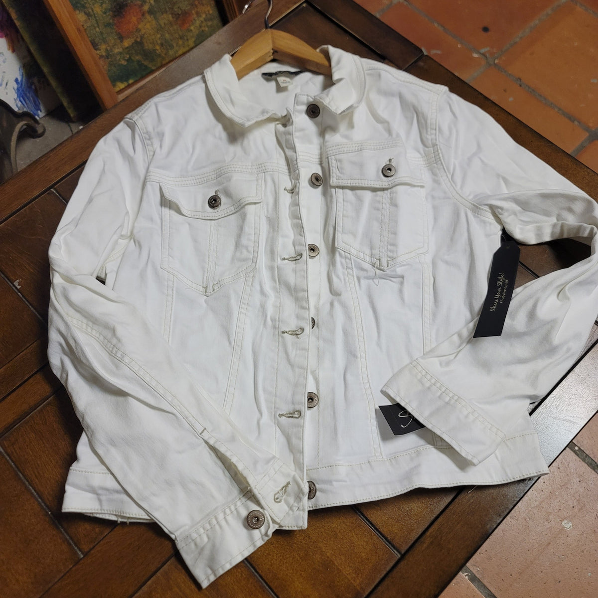 Supplies Womens Size Medium White Denim Jacket Button Long Sleeve cotton Stretch
