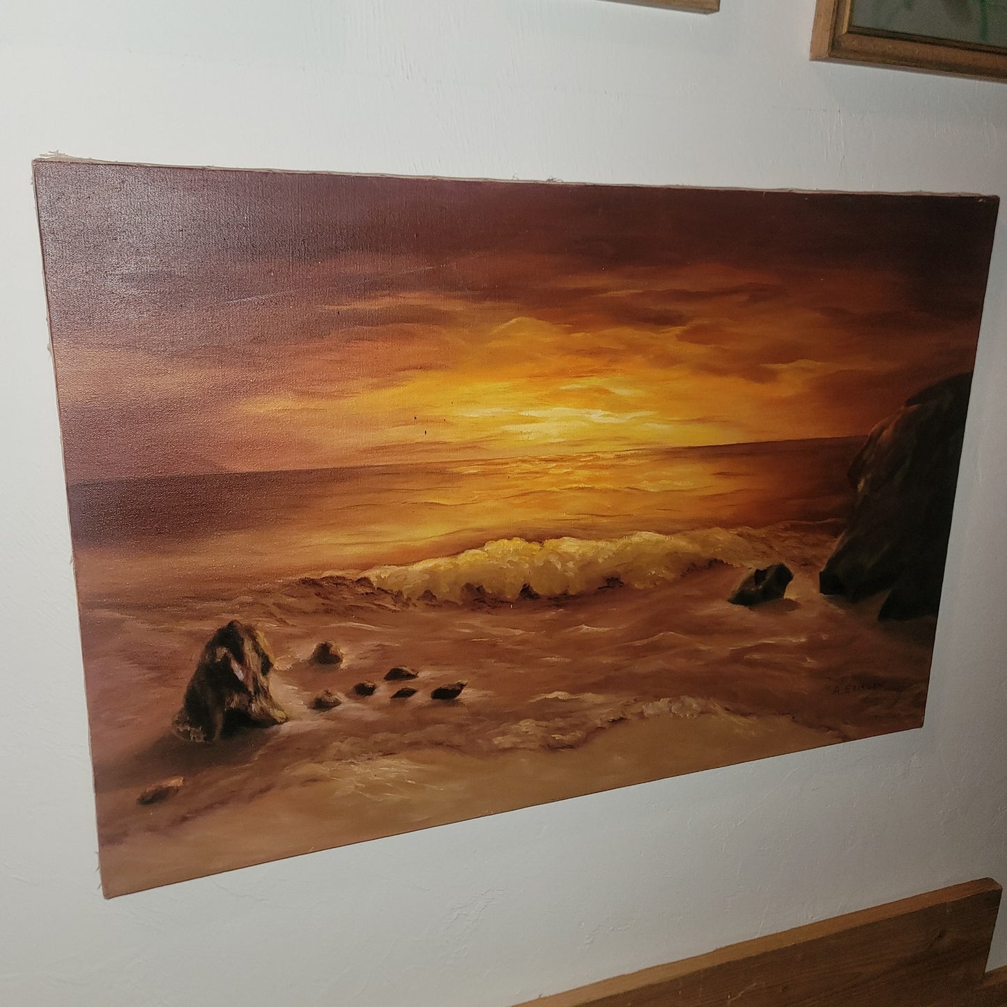 Vintage Mid-Century Sunset Seascape Oil Painting Canvas Signed by A. Eriksen