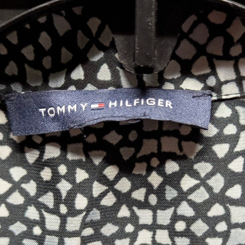 Tommy Hilfiger Blue & White Geometric Silk-Blend Sleeveless Tie-Neck Blouse S/M