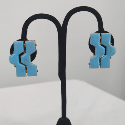 Vintage Mid Century Blue Geometric Zig Zag Clip On Earrings Retro Mod Statement