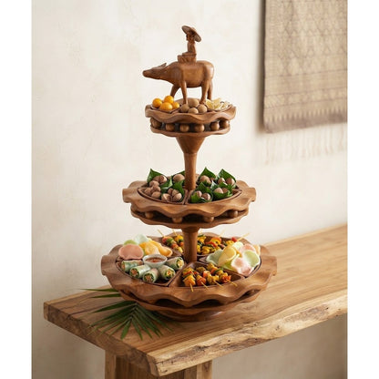 Vintage MCM Hand-Carved Wooden 3-Tiered Serving Stand with Water Buffalo Topper
