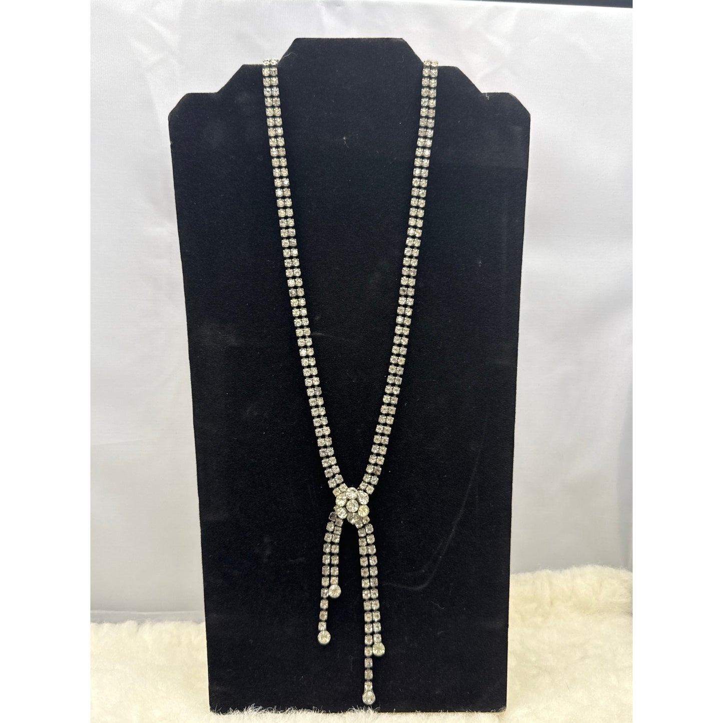Vintage Rhinestone Lariat Y Necklace Silver Tone Art Deco Revival Glamour 50's